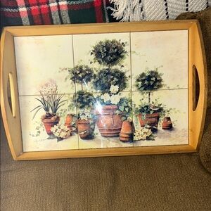 Annie LaPointe Floral Tile Serving Tray with Wooden Frame